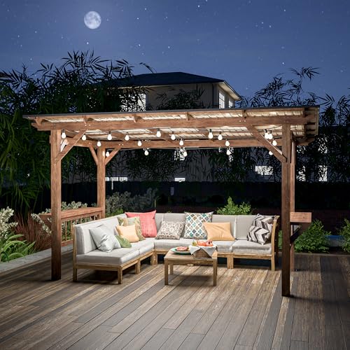AMNOOI 13' x 6.5' Spacious Wooden Pergola Grill Gazebo with Metal Roof and Built-in Bulbs Brown