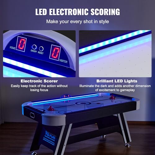 VEVOR Air Hockey Table 72" Indoor LED Sports Game Black and White