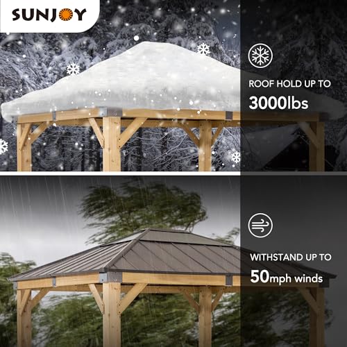 Sunjoy Hardtop Gazebo 11x13 ft Cedar Frame Brown Steel Polycarbonate Roof Brown + Natural Wood