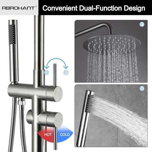 RBROHANT Freestanding Outdoor Shower Nickel, Height Adjustable Outside Showers for Backyard Garden Pool Beach, Outdoor Shower Fixtures with 10” Rain Shower Head and Handheld, Brushed Nickel