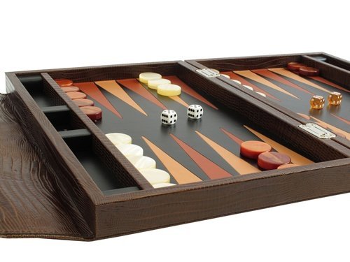 Zaza & Sacci Premium Leather Backgammon Set 15" Brown Lizard