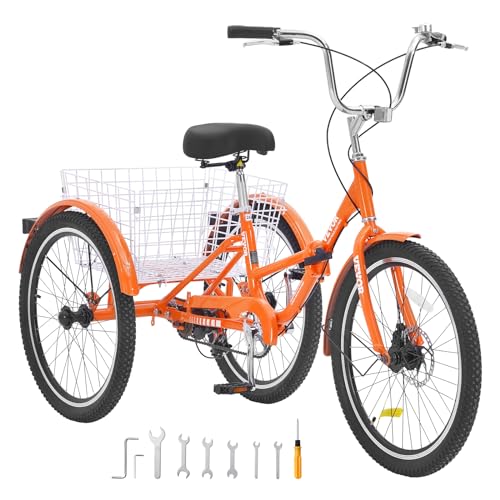 VEVOR Folding Adult Tricycle 26-Inch Lightweight Aluminum Alloy 3 Wheel Cruiser Bike with Large Rear Basket Orange