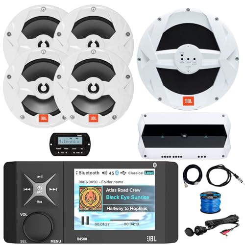 Enrock Marine 4" Color LCD Bluetooth AM/FM Stereo Receiver with Remote & Cable, 4x 6.5" Speakers, 10" Subwoofer, 4-Channel Amplifier, Antenna, USB/AUX Adapter White