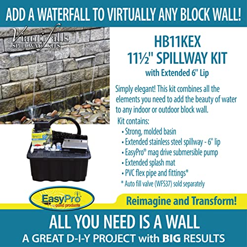EasyPro Pond Products Vianti Falls Kit - Add a Waterfall to Any Block Wall - 11 ½” Stainless Spillway w/6” Extended Lip, Basin, EP850 Pump - No Light