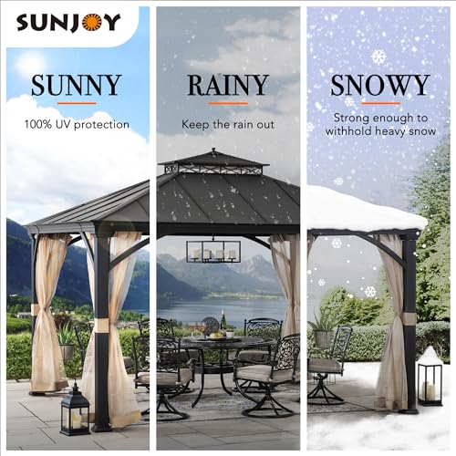 Sunjoy Hardtop Gazebo 11x13 ft Outdoor Patio Black Aluminum Frame Double Tiered with Mesh Netting
