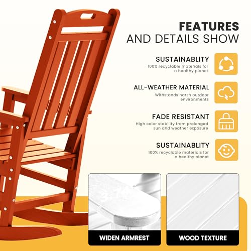 LOUNZY Outdoor Rocking Chair Set of 8 HDPE Patio Porch Rockers 380lbs Support Orange