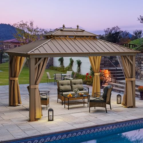 YITAHOME 10x12ft Hardtop Gazebo with Nettings & Curtains, Double Roof Galvanized Steel, Bronze