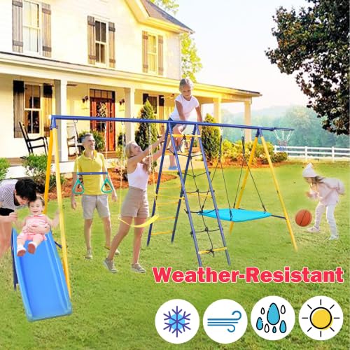 HaoKang 7-in-1 Outdoor Metal Swing Set with Slide & Accessories Blue