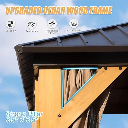 LOPOO Cedar Wood Gazebo Brown - Solid Hardtop with Galvanized Steel Double Roof, Includes Netting & Curtains