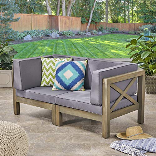 Great Deal Furniture Outdoor Sectional Loveseat Set 2-Seater Acacia Wood Water-Resistant Cushions Gray Finish + Dark Gray