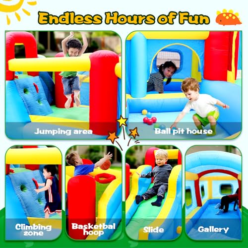 WELLFUNTIME Inflatable Bounce House with Slide, Wave Pool, Basketball Rim, Tunnel