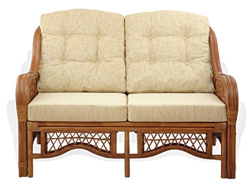 SunBear Furniture Lounge Malibu Loveseat Sofa ECO Natural Rattan Wicker Handmade Cream Cushions Cognac