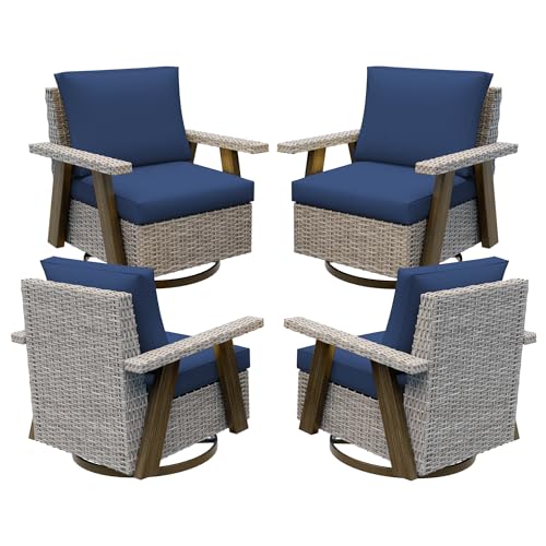Yokayoay Wicker Patio Chairs Set of 4 Swivel Rocking with Thickened Cushions Grey/Blue