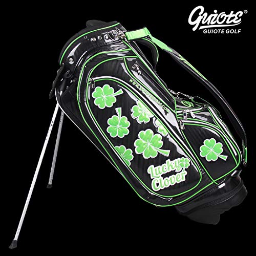 Guiote Golf Stand Bag Pu Leather Golf Carry Bag Embroidery Series 8-Ways 9.0" Black Lucky Clover