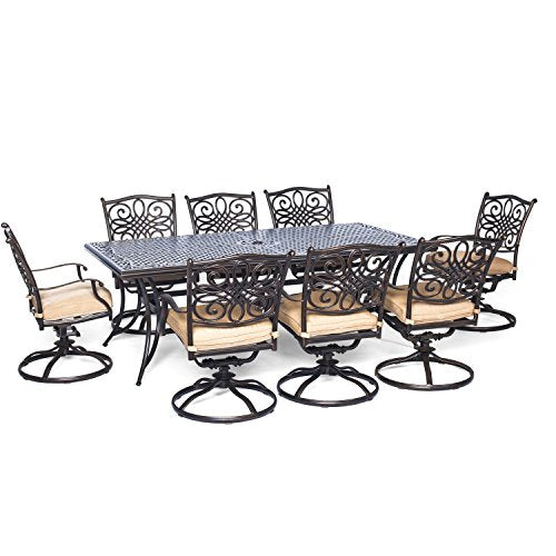 Hanover Traditions 9-Piece Patio Dining Set with Swivel Rocker Chairs and Tan Cushions