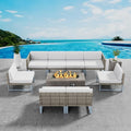 SUNPEAK Outdoor Patio Furniture Set with Sectional Couch and Fire Pit Table Light Brown Wicker 9 pcs