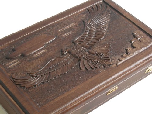 Neroulia Maple Backgammon Set Hand-Carved Eagle Cover Large 19" Brown