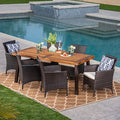 Christopher Knight Home Randy 7-Piece Outdoor Acacia Wood and Wicker Dining Set with Cushions Teak Finish
