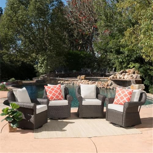 Noble House Amaya Outdoor Dark Brown Wicker Swivel Rocking Chair Set of 4 with Beige Cushions Brown