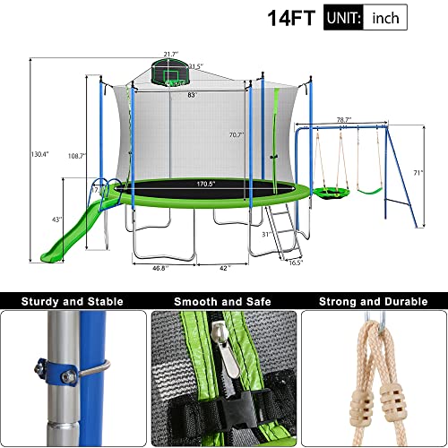 Steelway 14ft Trampoline Combo with Swing, Slide, Safety Net & Basketball Hoop 14FT Green