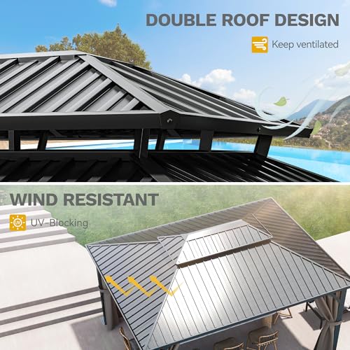 DWVO 12x16ft Hardtop Gazebo Double Roof with Netting and Curtains Gray