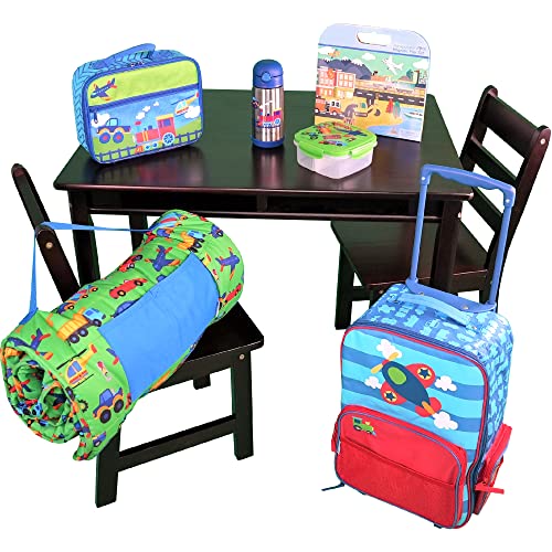 AVENTIS Child's Espresso Table Set with Shelf & 2 Chairs + Blue Automobile Travel Bundle Ages 3+