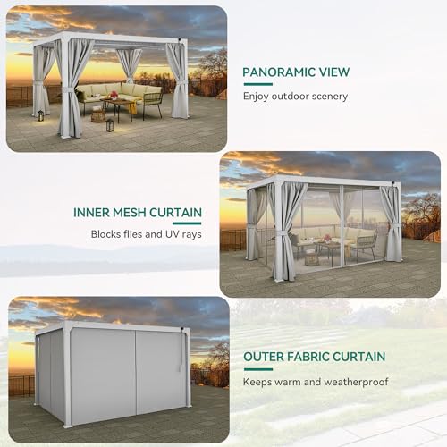 YITAHOME 10x13ft Louvered Aluminum Pergola with Adjustable Roof and Netting White
