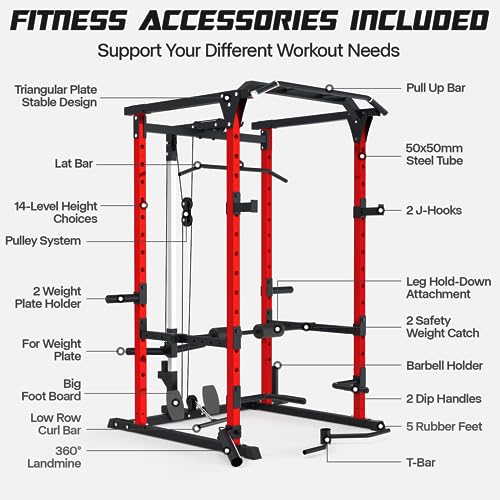 Mappding Power Cage with LAT Pulldown, Multi-Functional Squat Rack Red