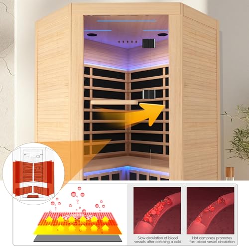 ToTibuy Corner Infrared Sauna 2-3 Person Canadian Hemlock Low-EMF Wood Color