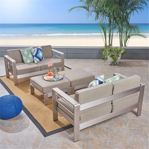 Noble House Cape Coral 4-Seater Aluminum Loveseat and Ottoman Set Silver/Kahki