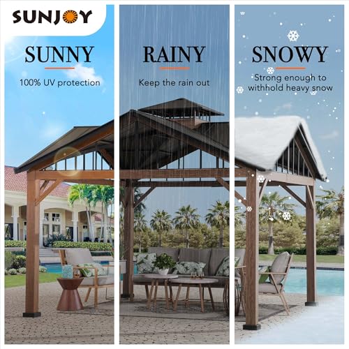 Sunjoy 12.5 x 12.5 ft. Hardtop Gazebo Brown Steel 2-Tier Outdoor with Ceiling Hook