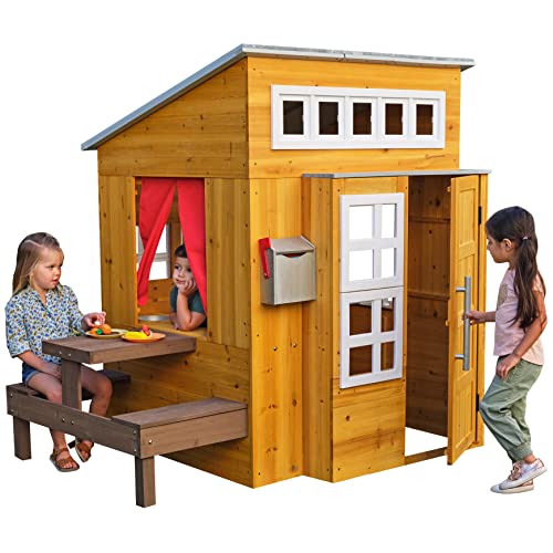 KidKraft Modern Outdoor Wooden Playhouse with Picnic Table, Mailbox, Grill Natural