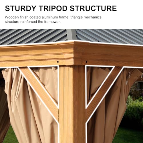 Aoodor 12' x 16' Aluminum Gazebo with Wood Grain Finish, 2-Tier Black Steel Roof, Curtains, and Netting Black/Wood Like Frame