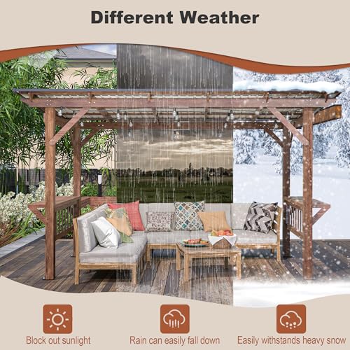 AMNOOI 13' x 6.5' Spacious Wooden Pergola Grill Gazebo with Metal Roof and Built-in Bulbs Brown