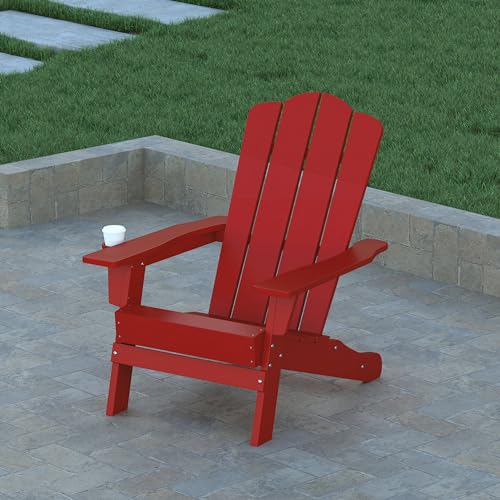 EMMA + OLIVER Tiverton Adirondack Chairs Set of 4 Weather Resistant Poly Resin Red