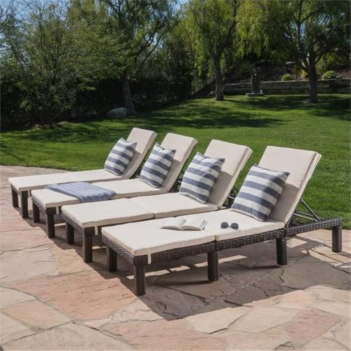 Noble House Jamaica Multi-Brown Wicker Chaise Lounge with Cream Cushion (Set of 4)