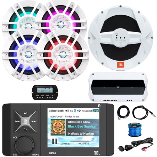 Enrock Marine 4" LCD Display Bluetooth Stereo Receiver with Remote & Cable, 4x 6.5" Speakers, 10" Subwoofer, 4-Channel Amplifier, Antenna, USB/AUX Adapter White LED
