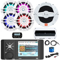 Enrock Marine 4" LCD Display Bluetooth Stereo Receiver with Remote & Cable, 4x 6.5" Speakers, 10" Subwoofer, 4-Channel Amplifier, Antenna, USB/AUX Adapter White LED
