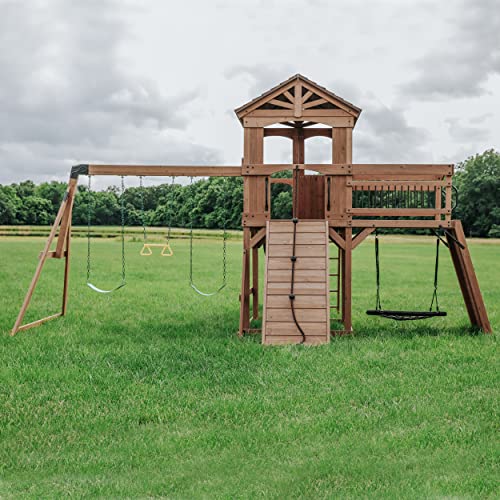 Backyard Discovery Sterling Point Cedar Swing Set with Green Wave Slide & Climbing Wall