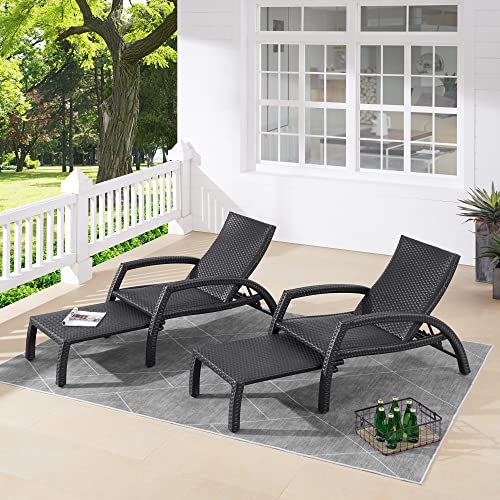 Iwicker Handwoven Rattan Chaise Lounge Chairs Set of 2 Black