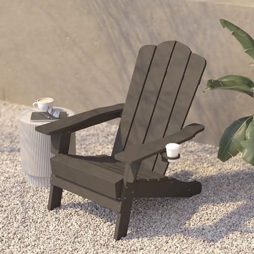 BizChair Adirondack Chairs Set of 4 with Cup Holders, Weather Resistant Poly Resin Brown