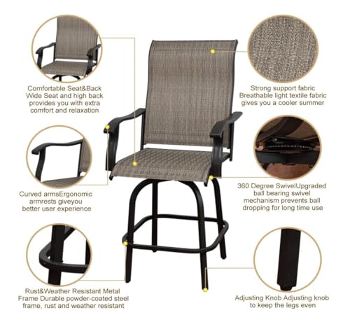 Generic 5 Piece Outdoor Bar Stools Set - 4 Swivel Patio Chairs & 1 Bistro Table with Umbrella Hole Upgraded Brown
