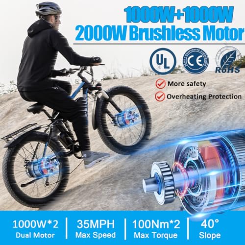 E·Bycco Dual 1000W Motors 2000W Electric Bike for Adults, 35MPH 48V 23Ah Battery Electric Bicycle, Full Suspension 26"*4.0 Fat Tire Hydraulic Disc Brake, Beach Off-Road Mountain E-Bike for Men EB7Pro Blue/2000W/Dual Motor