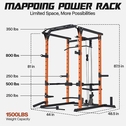 Mappding Power Cage with LAT Pulldown, Squat Rack, 1500 Lbs Capacity, Orange