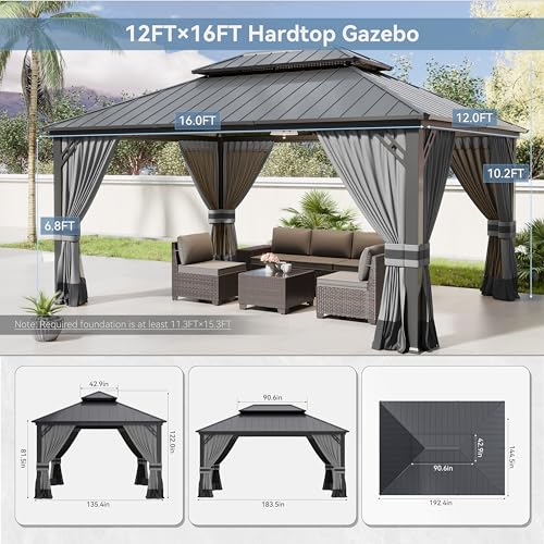 Kurapika 12' x 16' Hardtop Gazebo Outdoor Metal Pavilion with Canopy and Netting Gray