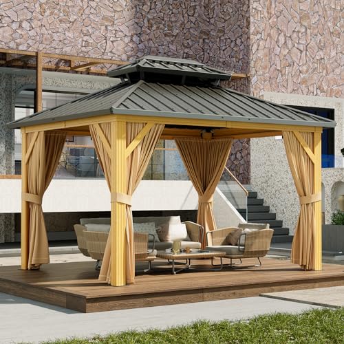 GarveeLife 10x12ft Double Roof Hardtop Gazebo with Netting and Curtains Wood Grain