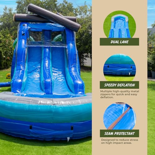 XJUMP Commercial 45' Tropical Wet/Dry Obstacle Dual Lane Slide with Pool Blue
