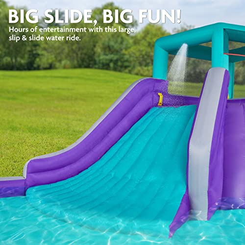 SUNNY & FUN Inflatable Water Slide Park - Climbing Wall, Slide & Pool - Blue, Purple