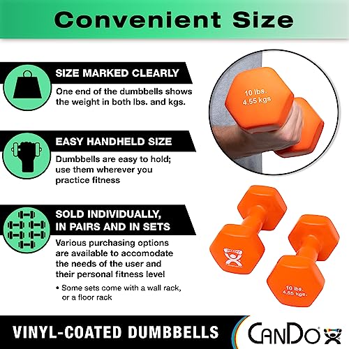 CanDo Vinyl Coated Dumbbells 5 Pairs, 2 Each 1lb through 10lb with Wall Storage Rack - Multicolor