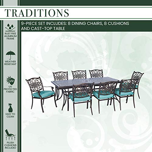 Hanover Traditions 9-Piece Outdoor Dining Set with Blue Cushions